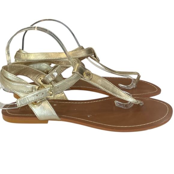 Ralph Lauren Leather Gold Thong toe post ankle strap Sandals Size 10 - Picture 1 of 8